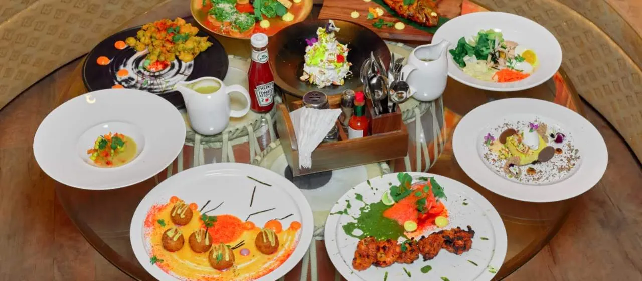 A full tasting spread of plated dishes